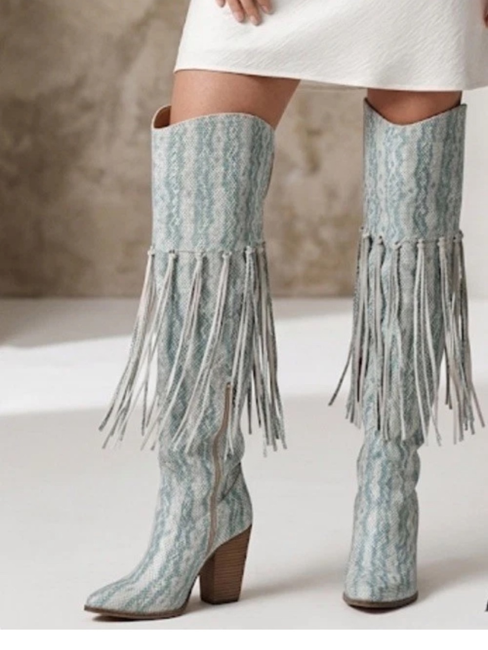 dingo Teal Snake-Print Fringe Over-the-Knee Boots
